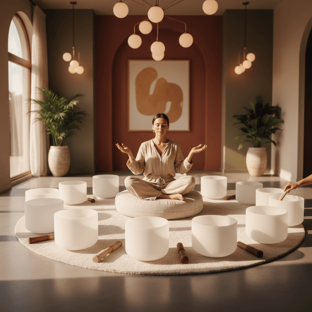 Eine elegante Darstellung eines modernen Klangheilungsraums mit warmen Lichtern und akustischen Paneelen, optimiert für Entspannung und Wohlbefinden bei Soul Art Dubai, gegründet von Larissa Steinbach.