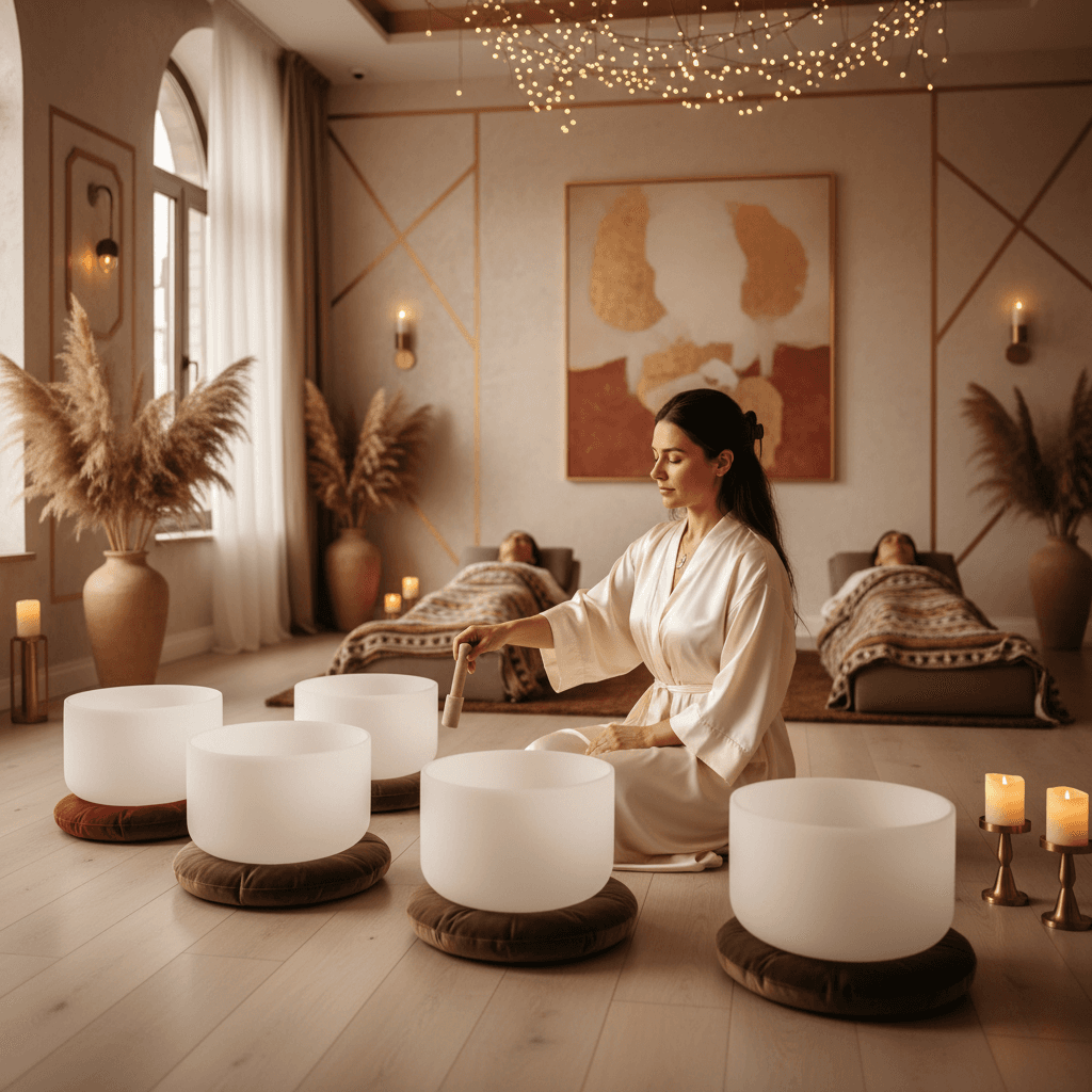 Eine Frau erfährt eine Klangschalen-Sitzung bei Soul Art in Dubai, geleitet von Larissa Steinbach, die den Unterschied zwischen Klangheilung und Musiktherapie illustriert.