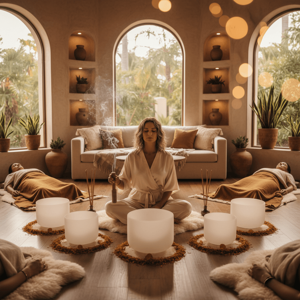 Eine Person entspannt sich auf einem Klangbett in einem sanften Licht, mit Klangschalen im Vordergrund. Larissa Steinbach und Soul Art bieten inclusive Klang-Wellness.