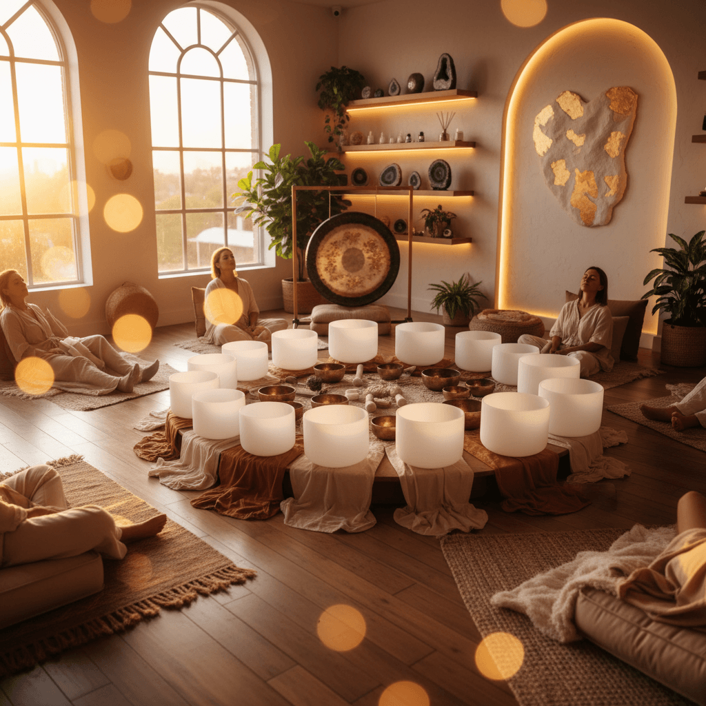 Larissa Steinbach of Soul Art leading an outdoor sound healing session in a serene natural setting in Dubai, with participants experiencing deep relaxation.