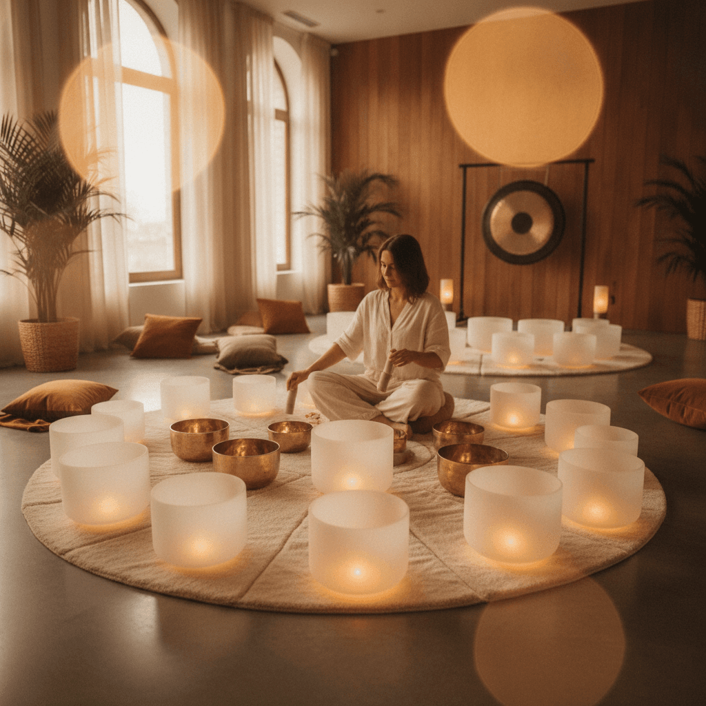 A person in a business suit meditating amidst subtle sound waves, symbolizing the application of sound wellness before important corporate meetings or negotiations. This image highlights Soul Art and Larissa Steinbach's expertise in enhancing focus and reducing stress for high-stakes professional...