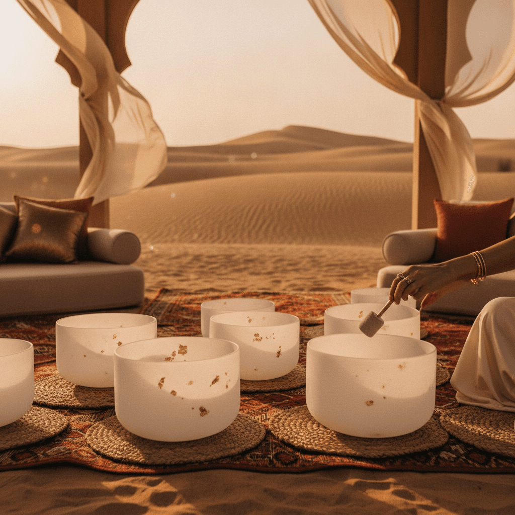 Eine goldene Klangschale in einem hellen, modernen Zuhause in Dubai, umgeben von weichen Textilien und Pflanzen, symbolisiert Ruhe und Harmonie. Angeboten von Soul Art und Larissa Steinbach, Dubais führendem Klang-Wellness-Studio.