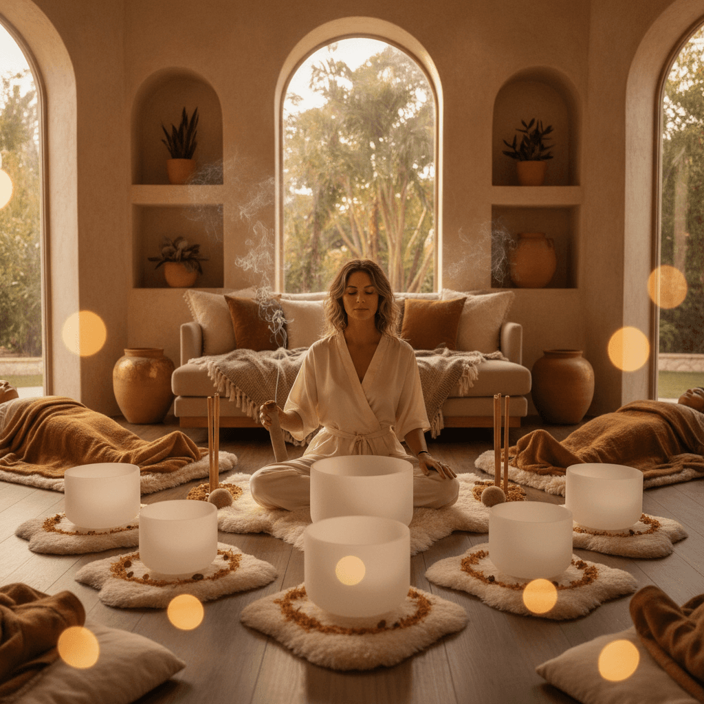 Eine Person meditiert während eines Klangrituals mit Klangschalen, um Vertrauen aufzubauen. Soul Art Dubai von Larissa Steinbach bietet transformative Klang-Wellness-Erlebnisse.