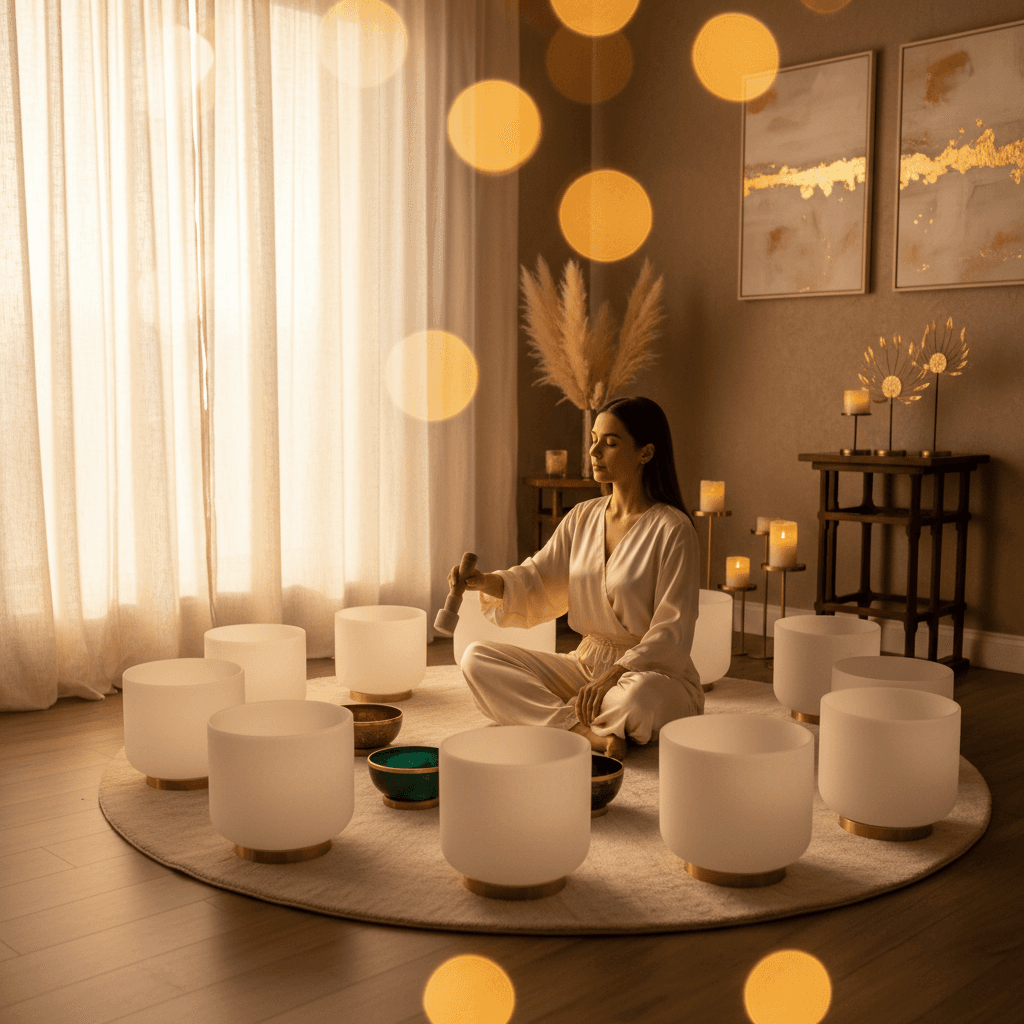 Eine Person meditiert friedlich im Schneidersitz, umgeben von sanftem Licht und floralen Elementen, die Ruhe ausstrahlen. Dies symbolisiert die Verbindung von Klang-Wellness mit Stille und Achtsamkeit während des Ramadan. Soul Art und Larissa Steinbach fördern tiefe Entspannung in Dubai.