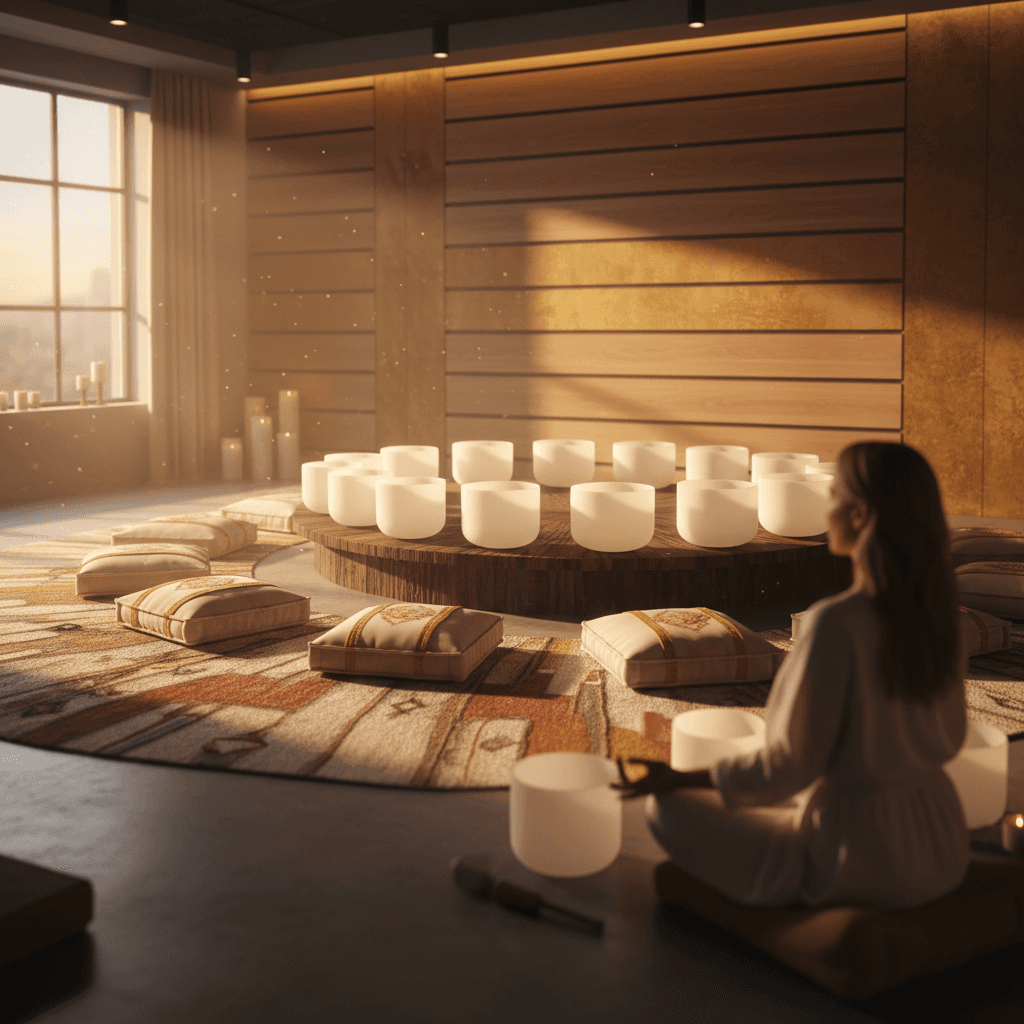 امرأة مستلقية على سرير صوت خشبي مصمم للعلاج الاهتزازي الصوتي، محاطة بهالة من الهدوء والاسترخاء، في استوديو سول آرت بقيادة لاريسا ستاينباخ في دبي.