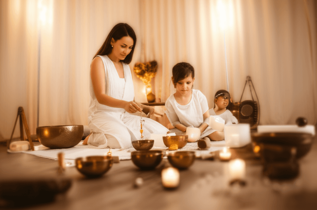 A child with headphones, relaxed in a tranquil setting, experiencing sound therapy at Soul Art Dubai, founded by Larissa Steinbach, for ADHD symptom support and improved concentration.