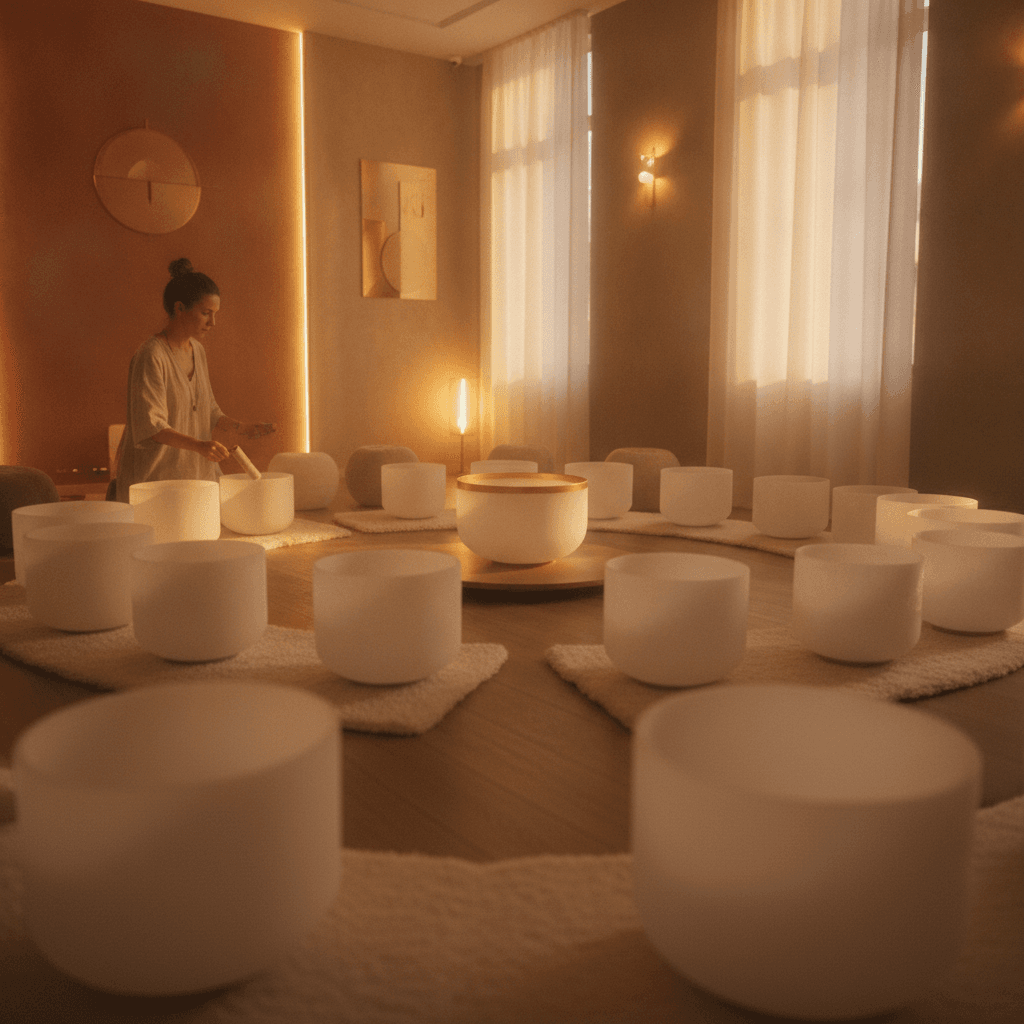 Eine Nahaufnahme von Klangschalen, bereit für eine Klangmeditation, die den einzigartigen Ansatz von Soul Art Dubai unter Larissa Steinbach für tiefes Wohlbefinden und Entspannung illustriert.