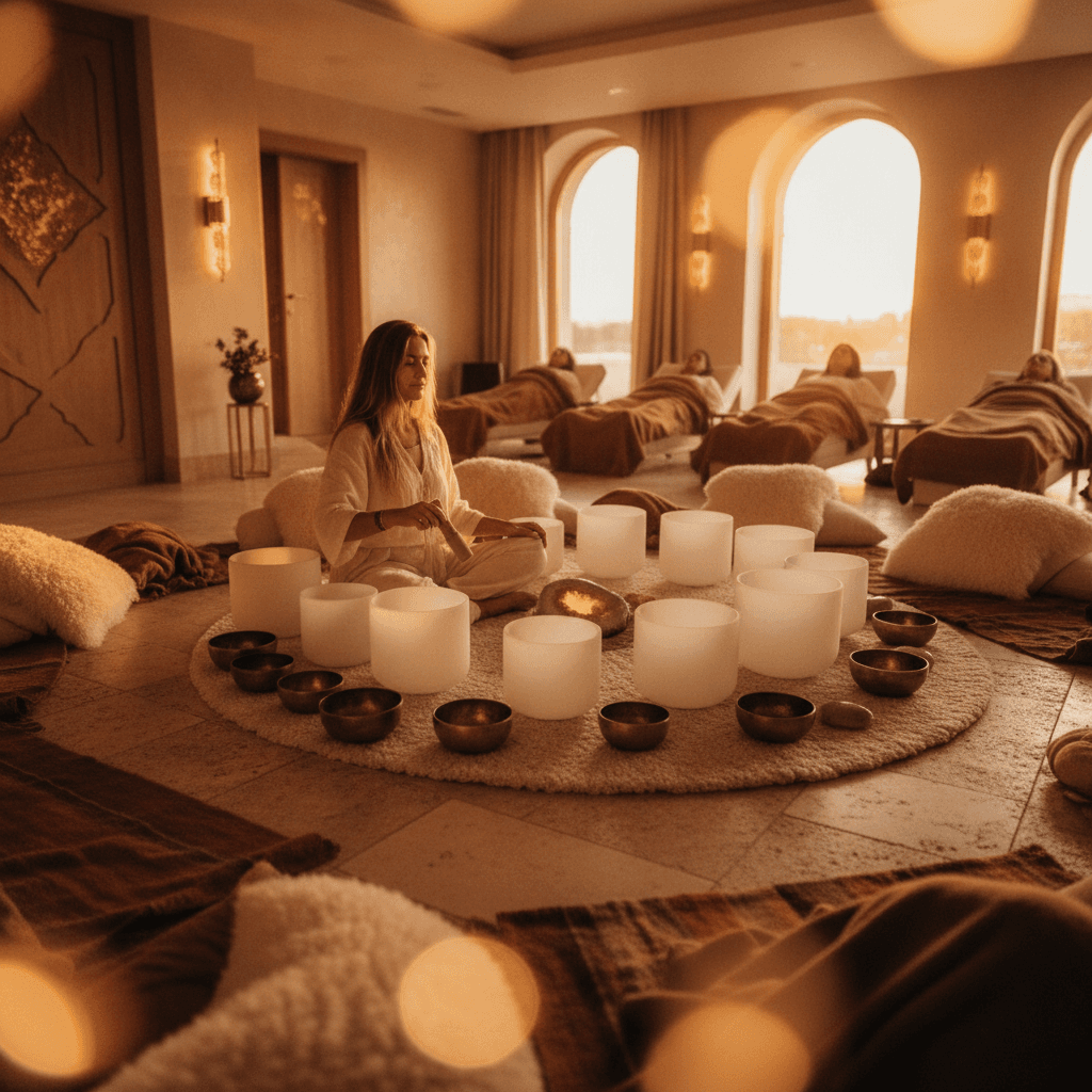 Larissa Steinbach guiding a sound wellness session at Soul Art Dubai, featuring crystal singing bowls and ambient light, promoting household harmony and relaxation for families.