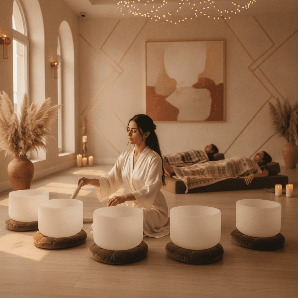 A serene sound wellness session at Soul Art Dubai, featuring a crystal singing bowl and calming light, overseen by founder Larissa Steinbach, promoting mental clarity for real estate professionals.
