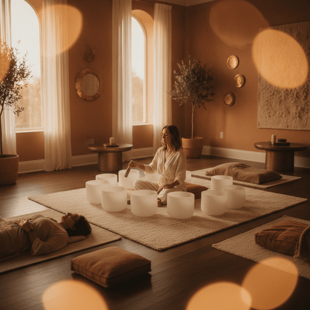 Larissa Steinbach, founder of Soul Art Dubai, guiding a sound wellness session with singing bowls, offering a neurobiological edge to tech founders for enhanced focus and stress reduction.