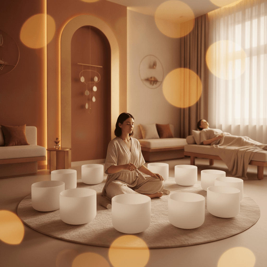 A person in a meditative pose, hands over heart, with subtle sound waves emanating from their chest, illustrating voice and heart space connection at Soul Art Dubai, led by Larissa Steinbach.