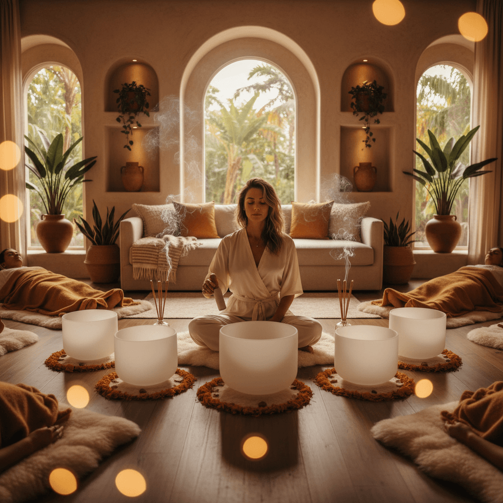 A tranquil forest scene with sunlight filtering through trees, evoking Earth's natural symphony. Soul Art, founded by Larissa Steinbach, harnesses these principles for profound sound wellness experiences.