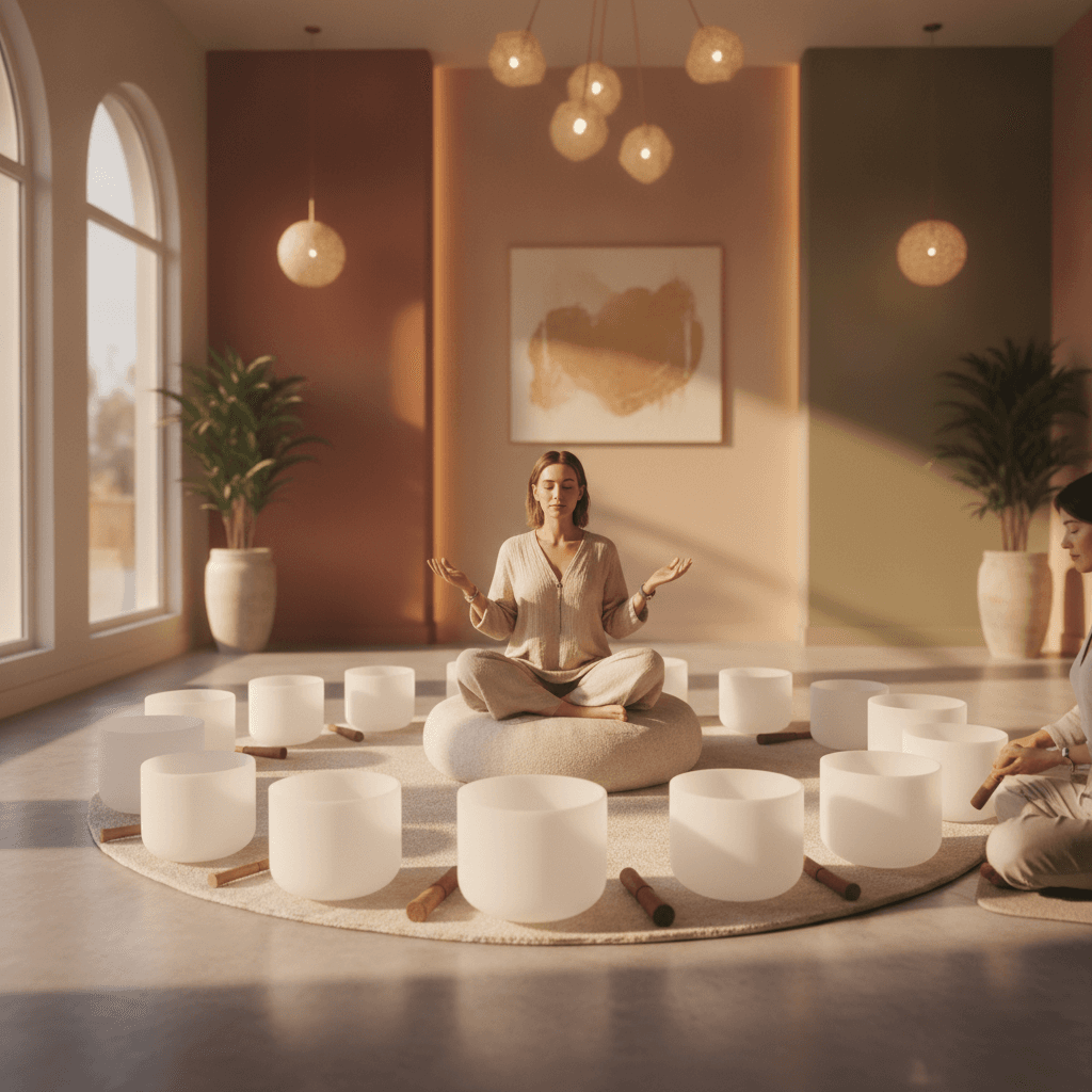 Larissa Steinbach from Soul Art Dubai performing space clearing with sound, using crystal singing bowls in a harmonious, light-filled studio environment.
