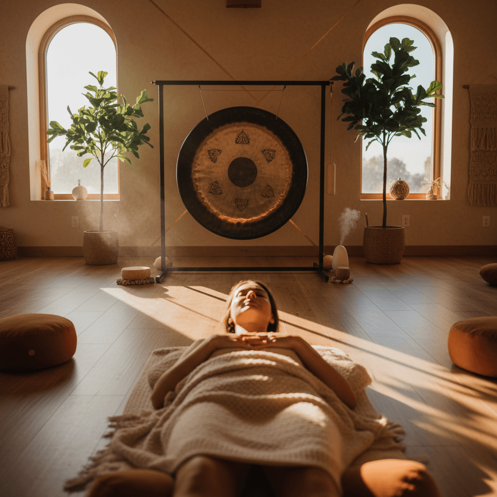 A serene home setting with ambient lighting, a yoga mat, and strategically placed speakers, symbolizing personal sound bath setup inspired by Soul Art and Larissa Steinbach's expertise.