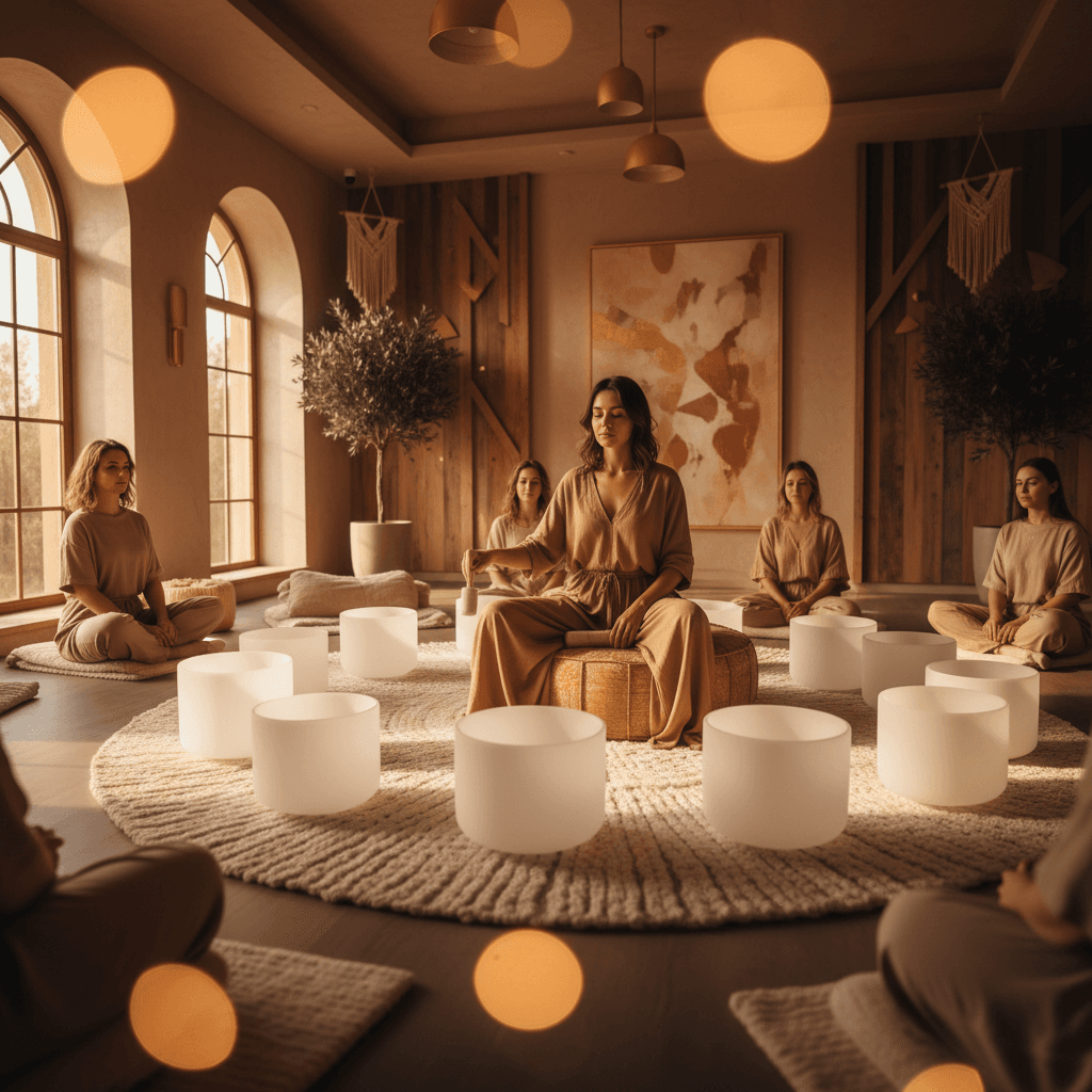 امرأة تتأمل في استوديو سول آرت، دبي، محاطة بآلات صوتية ومحللات طيف تعرض بيانات تردد الصوت، مع إشارة للخبيرة لاريسا ستاينباخ