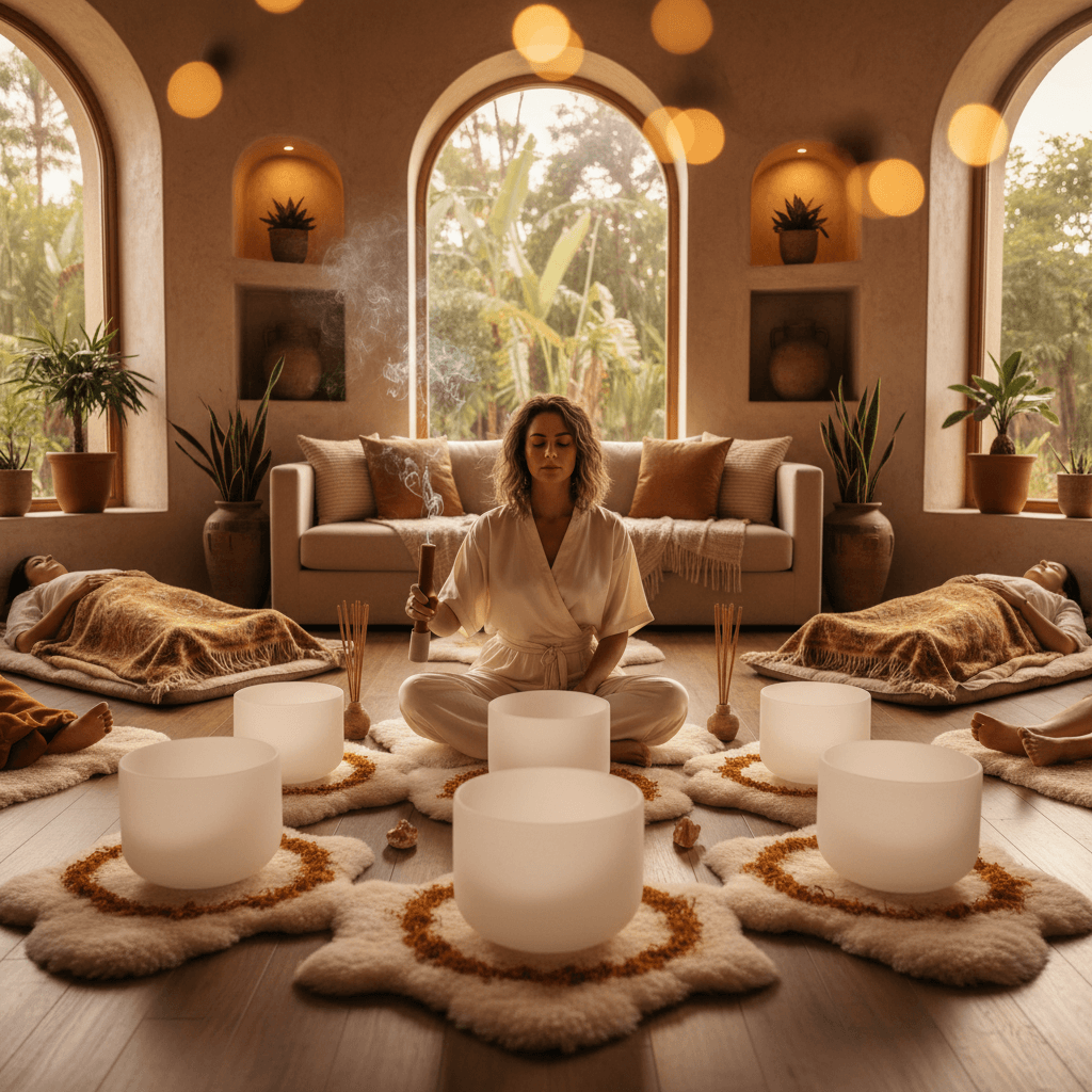 Eine ruhige Szene bei Soul Art Dubai, die Entspannung durch Klang-Wellness symbolisiert, mit Fokus auf die innovative Arbeit von Larissa Steinbach und ihrem Team bei der Unterstützung der Rehabilitation nach Rückenmarksverletzungen.