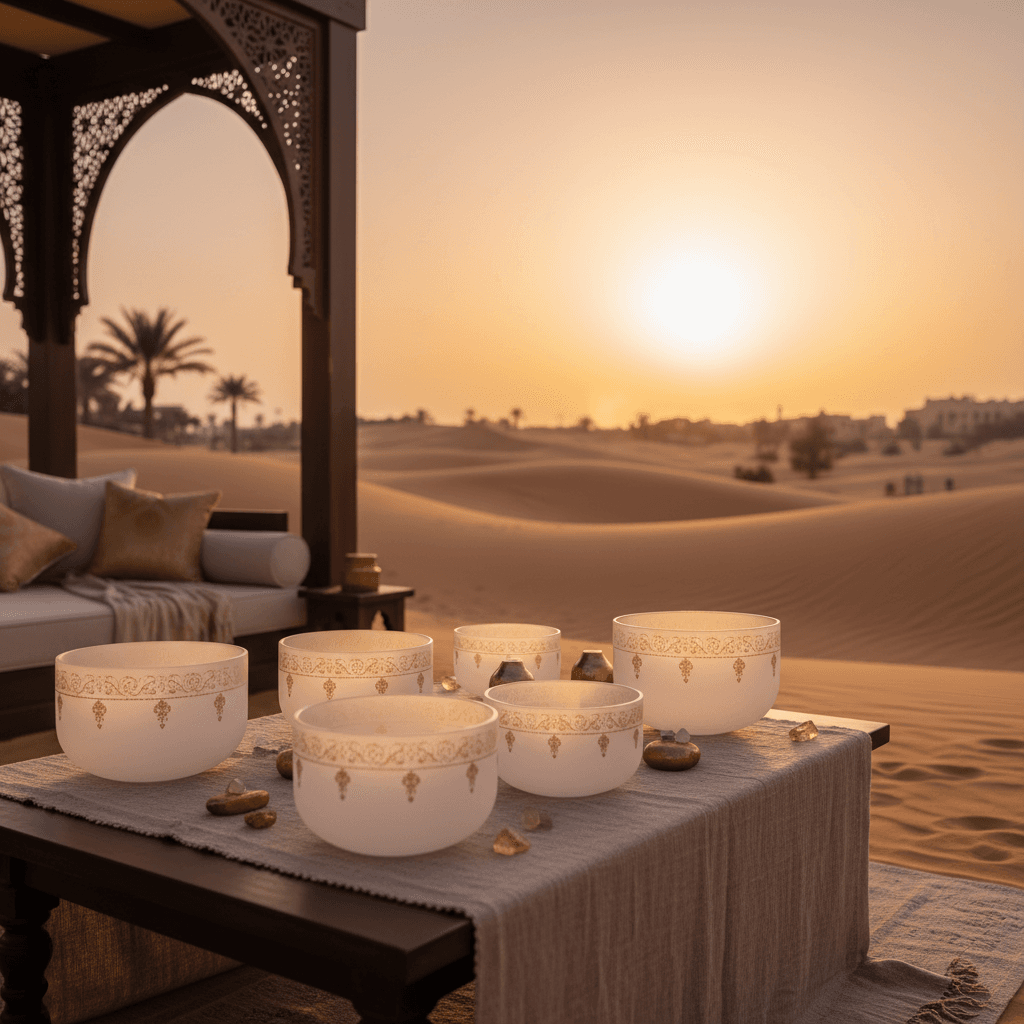 A tranquil sound healing space at Soul Art Dubai, designed by Larissa Steinbach, featuring crystal singing bowls and soft lighting for spiritual transformation and wellness.