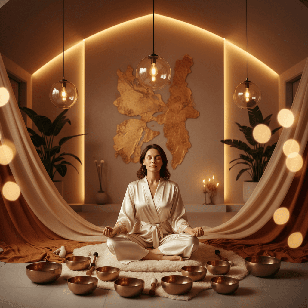 A serene sound bath setup at Soul Art Dubai, with crystal bowls glowing, ready for a spiritual distress session led by Larissa Steinbach.