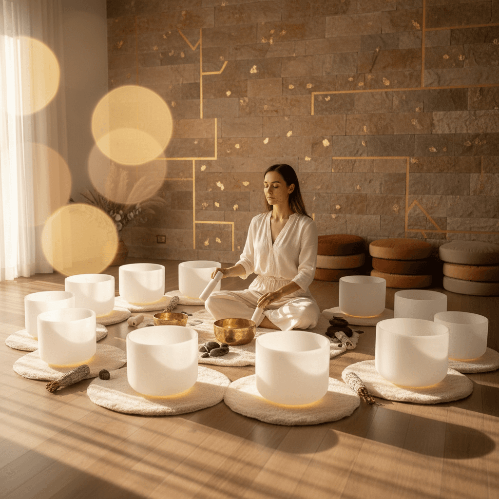 Larissa Steinbach leading a Soul Art sound wellness session, fostering shared sound practices and community connection, promoting well-being sponsorship in a serene setting.