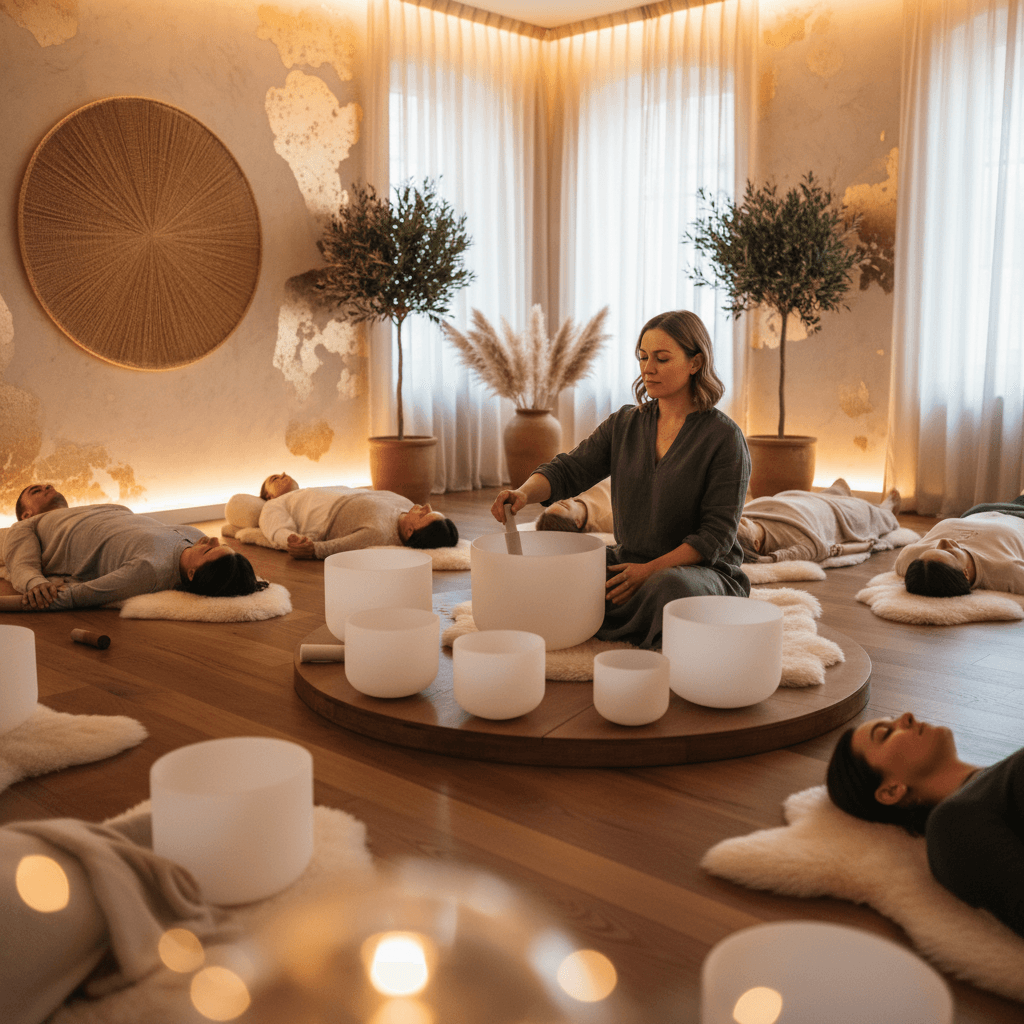Eine Athletin, die sich nach einer Sportverletzung erholt, während sie Klang-Wellness-Sitzungen bei Soul Art Dubai unter der Leitung von Larissa Steinbach erlebt.