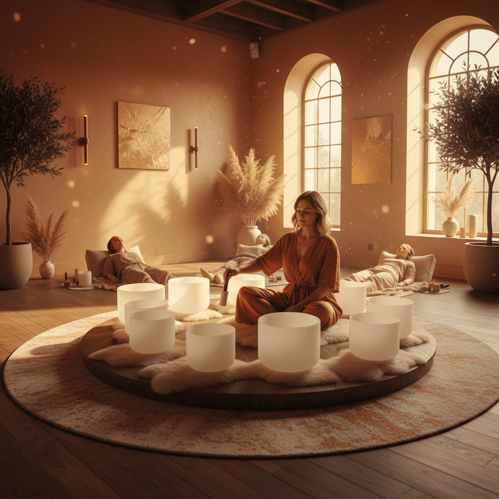 A tranquil image of a person relaxing with a sound bowl, representing Soul Art's approach to wellness for sinus relief, guided by Larissa Steinbach.