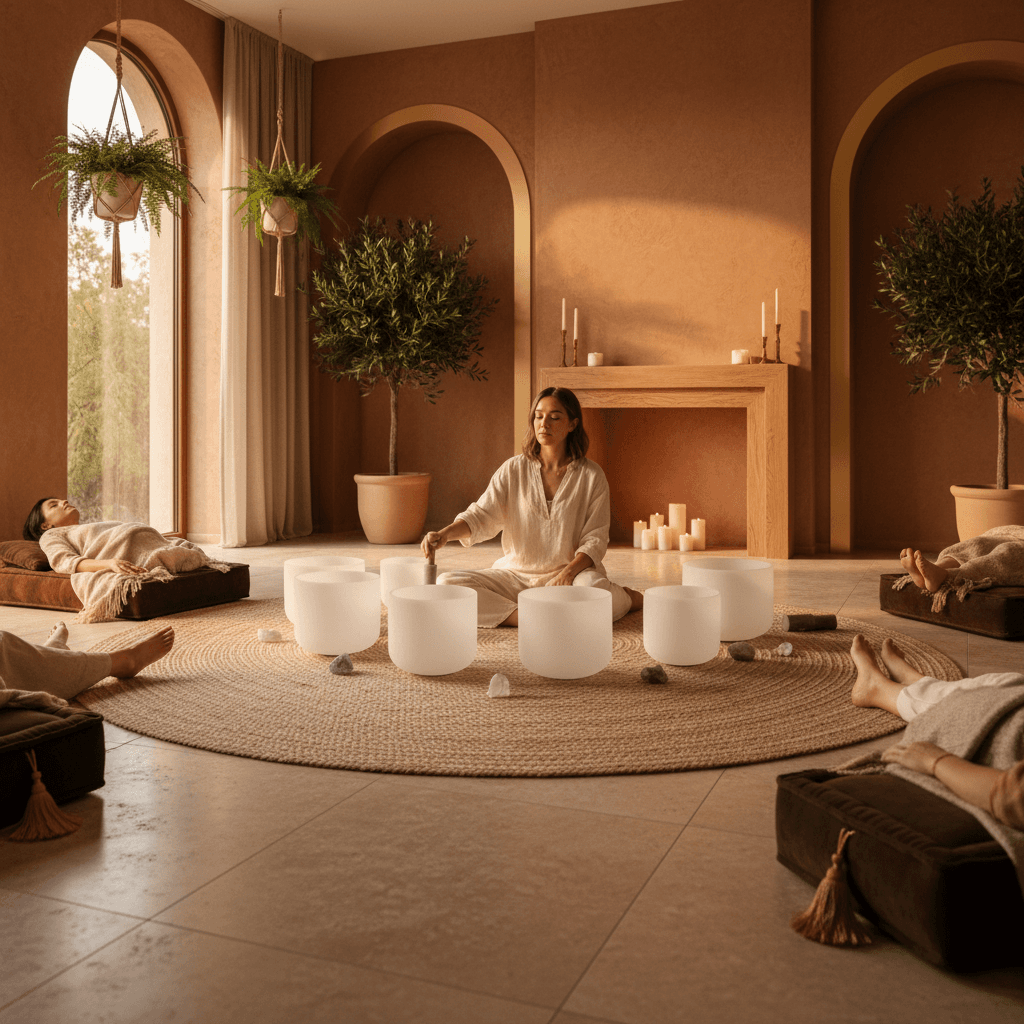 A tranquil scene of green shoots emerging from the earth, bathed in soft sunlight, symbolizing renewal, growth, and the harmonious frequencies explored at Soul Art Dubai by Larissa Steinbach.