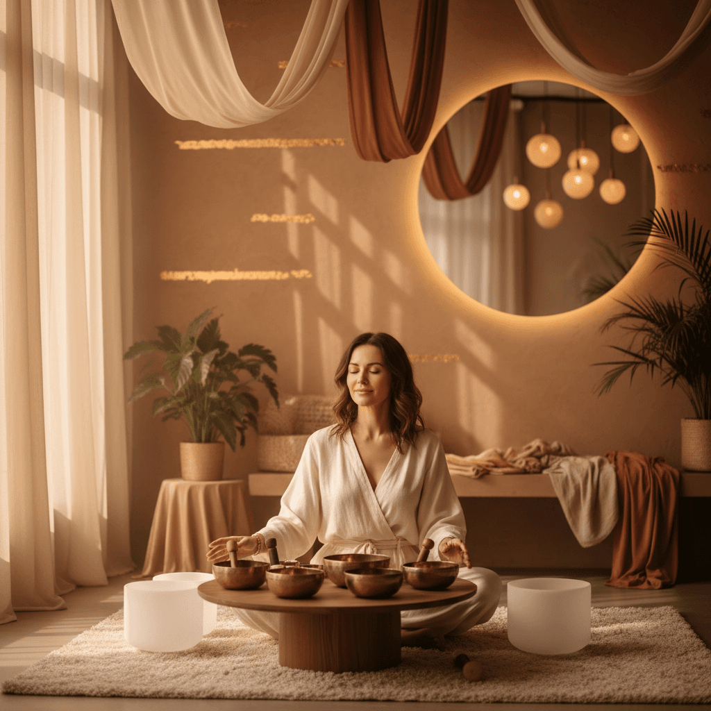 A startup founder meditating during a sound wellness session at Soul Art Dubai, holding a crystal singing bowl. Larissa Steinbach's studio offers profound stress relief and enhanced resilience for entrepreneurs.