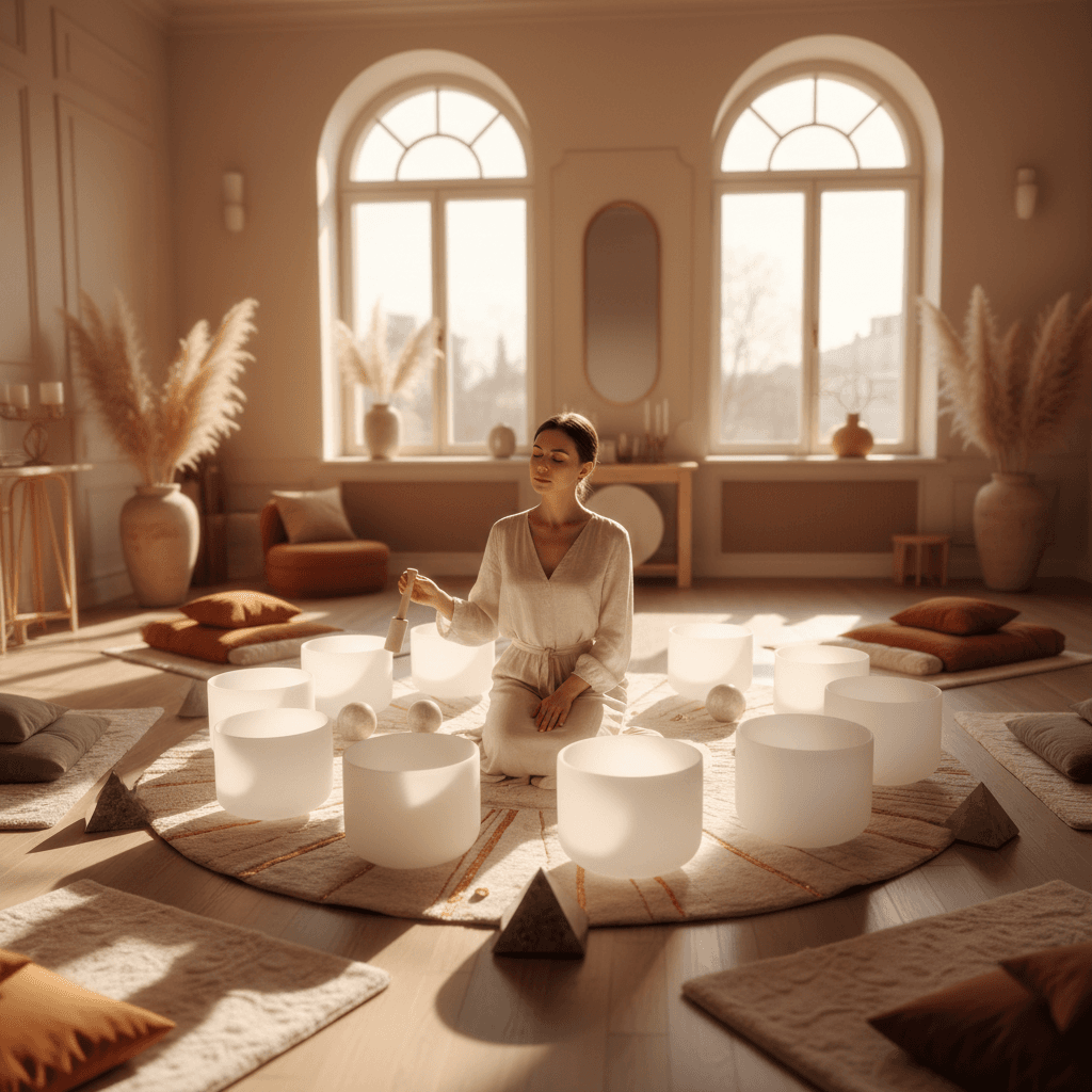 امرأة تستمع إلى سماعات رأس عالية الجودة في بيئة هادئة، مما يعكس تجربة الرفاهية الصوتية عبر الإنترنت مع سول آرت ولاريسا شتاينباخ.