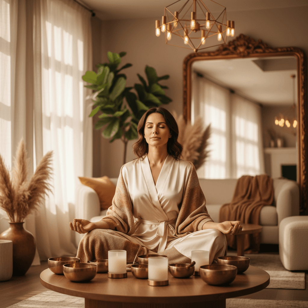 Ein ruhiges Paar meditiert während eines Klangbads im luxuriösen Soul Art Studio in Dubai, unter der Leitung von Larissa Steinbach, um Beziehungsstress zu puffern.