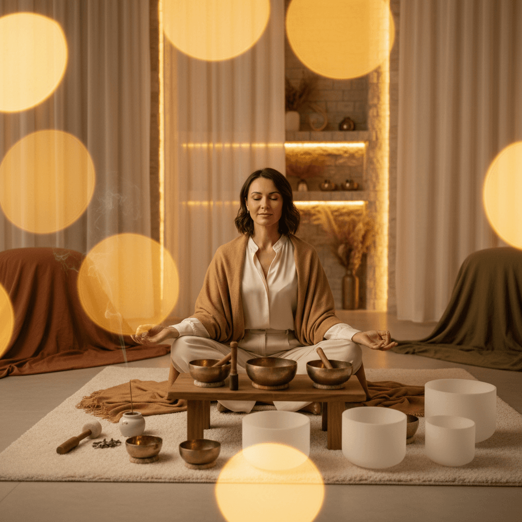 Eine tibetische Klangschale auf einem dunklen Holztisch, die ruhige Schwingungen ausstrahlt, symbolisiert Stressabbau und Wohlbefinden nach einem hektischen Tag in Dubai bei Soul Art, gegründet von Larissa Steinbach.