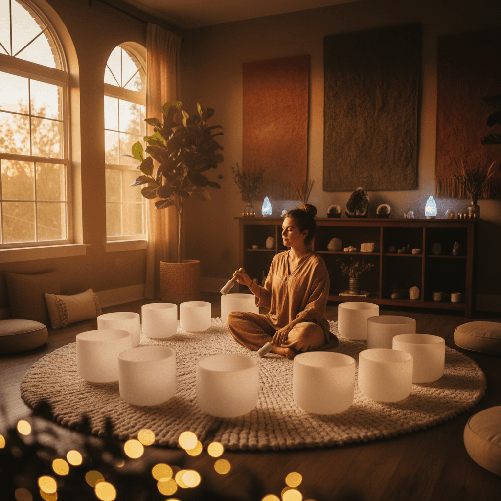 A person in a serene stretching pose, bathed in soft, ethereal light, surrounded by resonant sound bowls and gongs. The image conveys calm, flexibility, and a deep sense of wellbeing, representing Soul Art Dubai's unique blend of sound wellness and movement led by Larissa Steinbach.