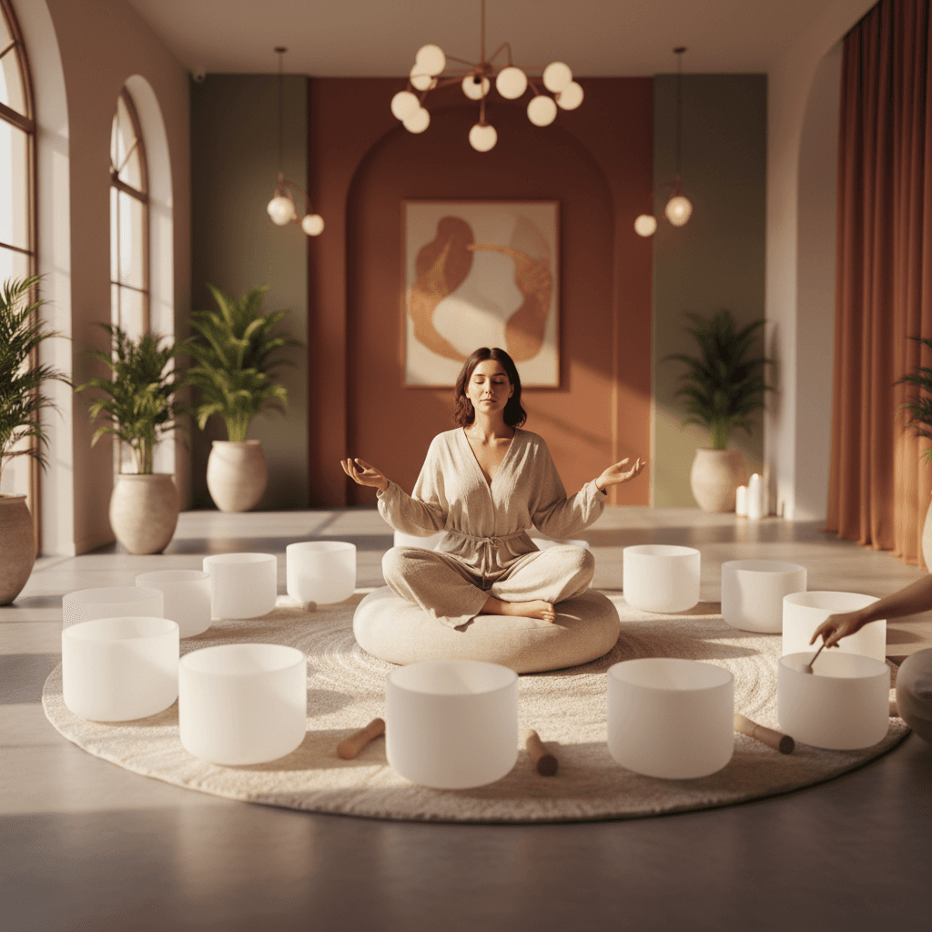 Serene, minimalist studio interior with soft lighting and natural elements, embodying Soul Art's Evidence-Based Design principles for healing spaces led by Larissa Steinbach.