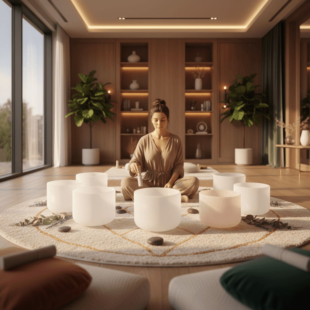 امرأة في استوديو سول آرت، لاريسا شتاينباخ، تستمتع بجلستها العلاجية باستخدام الصبووفرات، التي تُقدم ترددات البيس العميقة لتجربة عافية صوتية شاملة ومريحة.