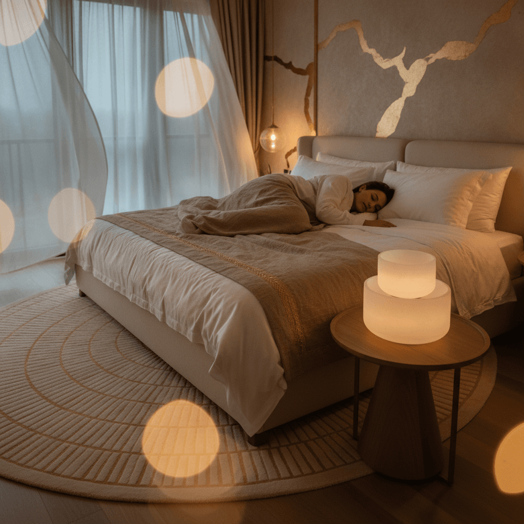 A person meditating with hands in prayer position, surrounded by soft, glowing light, suggesting peace and wellness. Soul Art and Larissa Steinbach focus on sound healing for circadian rhythm support.