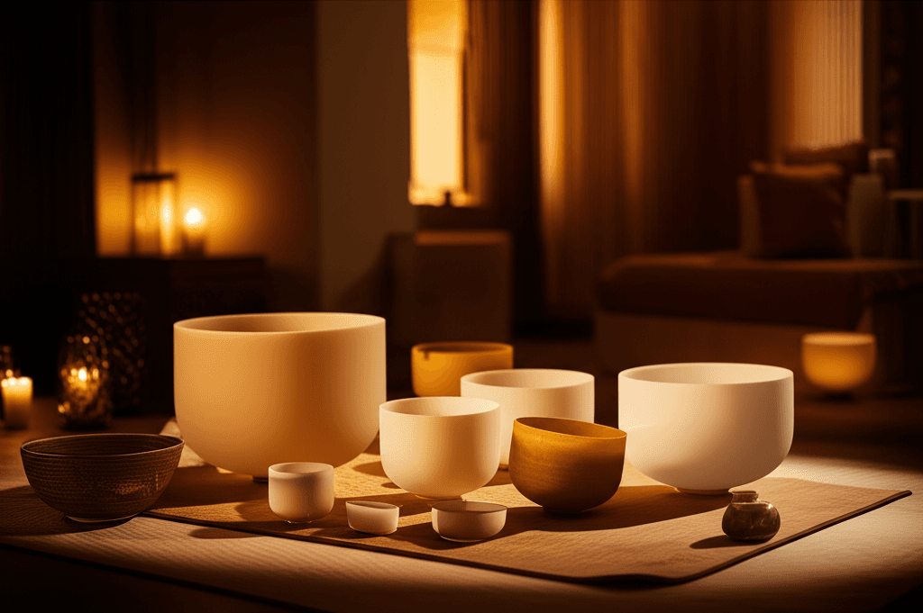 A person meditating with singing bowls, representing the calming influence of sound wellness for suicide loss survivors at Soul Art Dubai, founded by Larissa Steinbach.
