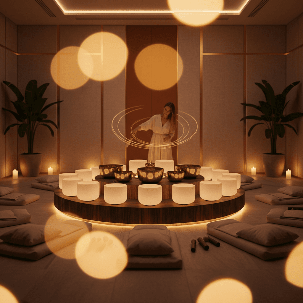 Eine Frau praktiziert Klangwellness mit einer Klangschale bei Sonnenaufgang, symbolisierend die Sommersonnenwende. Soul Art Dubai bietet unter der Leitung von Larissa Steinbach transformative Klangerlebnisse für ganzheitliches Wohlbefinden.