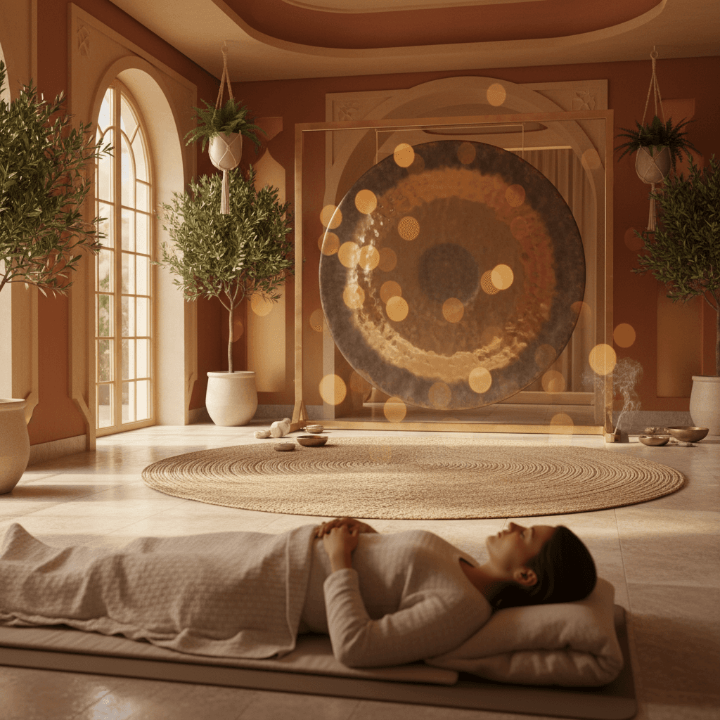 A tranquil scene of a sunset sound bath ritual in the Dubai desert, featuring crystal singing bowls and gongs. Led by Soul Art founder Larissa Steinbach, this image evokes deep relaxation and holistic wellness.