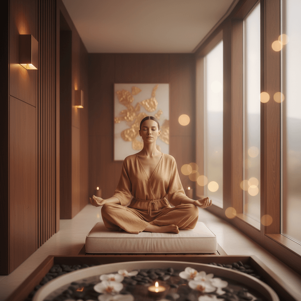 Eine Klang-Wellness-Sitzung bei Soul Art Dubai, geleitet von Larissa Steinbach, mit einer Person in entspannter Pose inmitten von Klangschalen, die Hingabe und Loslassen symbolisiert.
