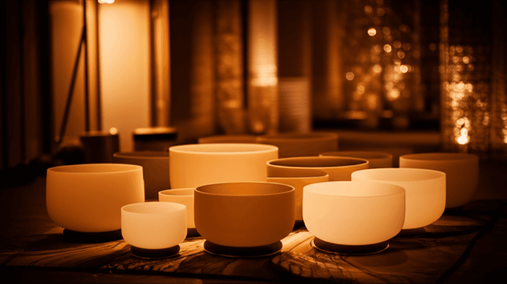Larissa Steinbach von Soul Art Dubai demonstriert Klangschalen und Gongs in einer ruhigen, luxuriösen Umgebung, symbolisierend die wissenschaftlich fundierte Praxis von Klang-Wellness, wie in systematischen Reviews bewertet.