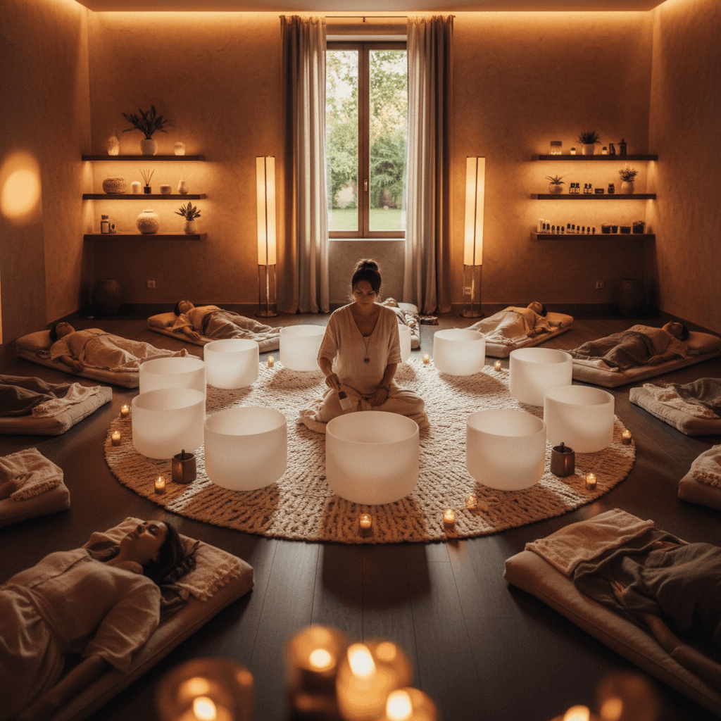 Ein Paar meditiert und hält Händchen, umgeben von sanft leuchtenden Klangschalen, symbolisierend die tantrische Klangreise bei Soul Art von Larissa Steinbach für Paare in Dubai.