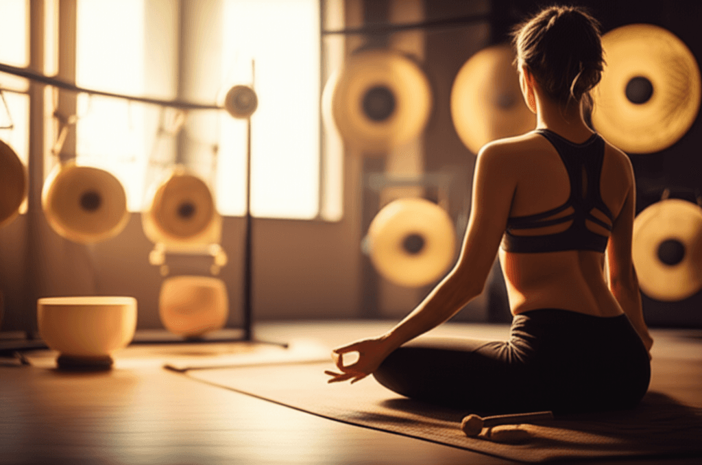 Larissa Steinbach bei Soul Art Dubai leitet eine taoistische Meditationssitzung mit Klangschalen. Innere Alchemie und Theta-Alpha-Gehirnwellen-Aktivierung für tiefes Wohlbefinden und Entspannung.