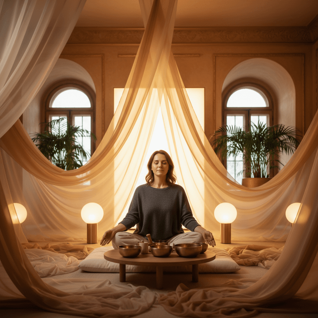 Eine Lehrerin meditiert in einem ruhigen Raum, umgeben von sanftem Licht und Klangschalen, symbolisch für die regenerierende Wirkung von Klang-Wellness durch Soul Art und Larissa Steinbach.