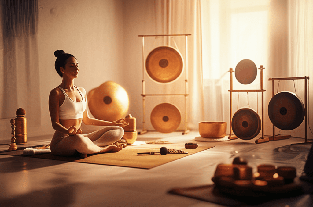 Eine Person meditiert auf einer Yogamatte, umgeben von Klangschalen und sanftem Licht. Dieses Bild symbolisiert die harmonische Verschmelzung von Yoga und Klang-Wellness, wie sie von Larissa Steinbach bei Soul Art in Dubai praktiziert wird, um tiefgreifende Entspannung und Transformation zu förde...