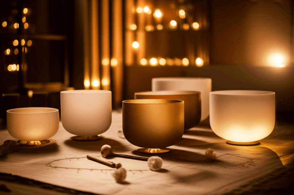 A diverse group of employees engaged in a deep relaxation sound experience, showcasing the benefits of Soul Art's collective sound journeys for team building, led by Larissa Steinbach, in a tranquil, modern setting.