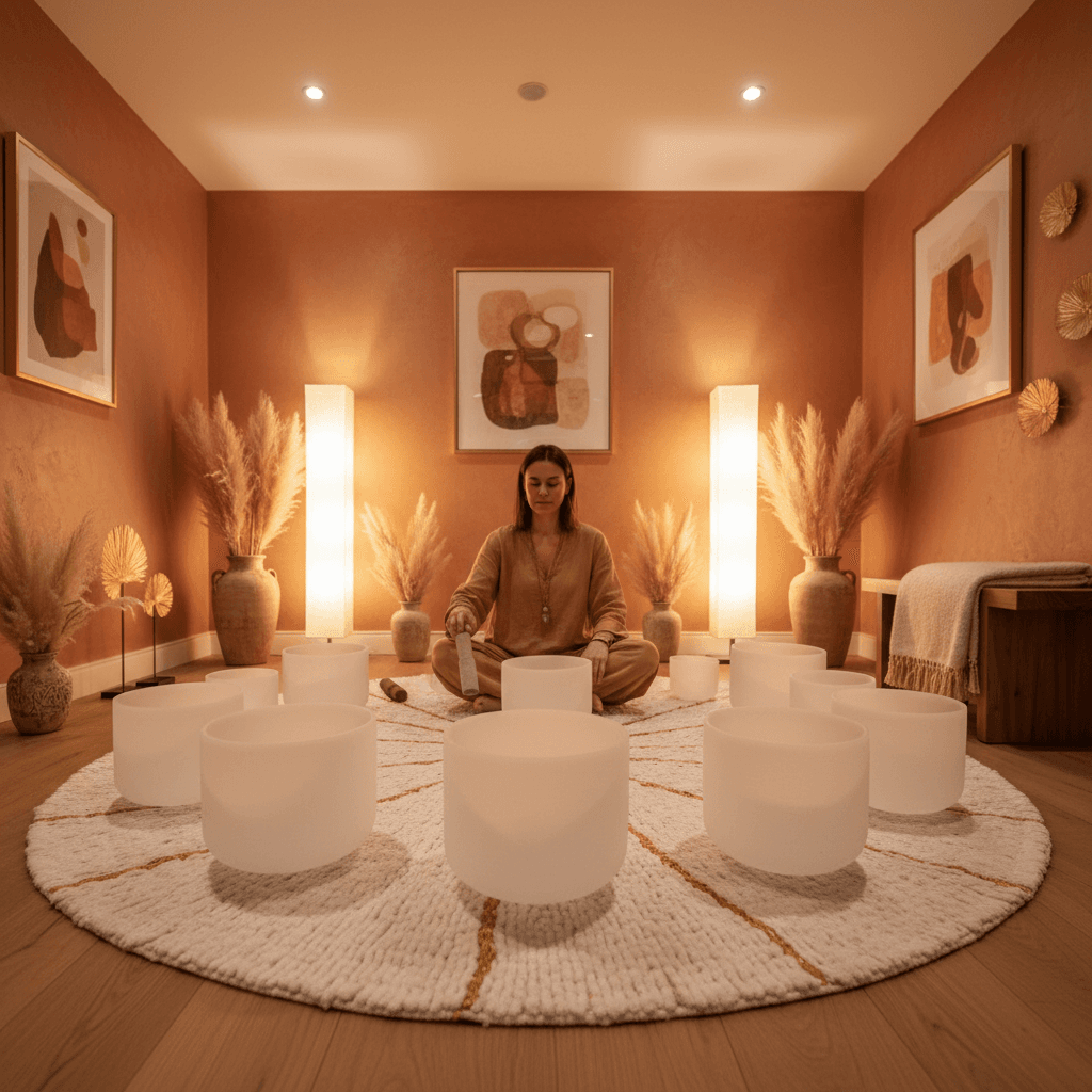 A diverse corporate team meditating together in a serene, modern studio with singing bowls, representing Soul Art's unique approach to fostering team coherence led by Larissa Steinbach.