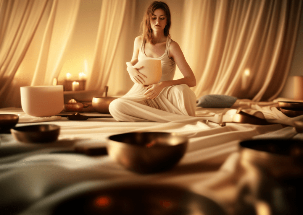 A person meditating in a serene, softly lit studio with glowing crystal singing bowls, representing the calming effect of sound wellness at Soul Art by Larissa Steinbach. Keywords: sound wellness, tech burnout, digital detox, relaxation, Dubai, Soul Art, Larissa Steinbach, corporate wellness.