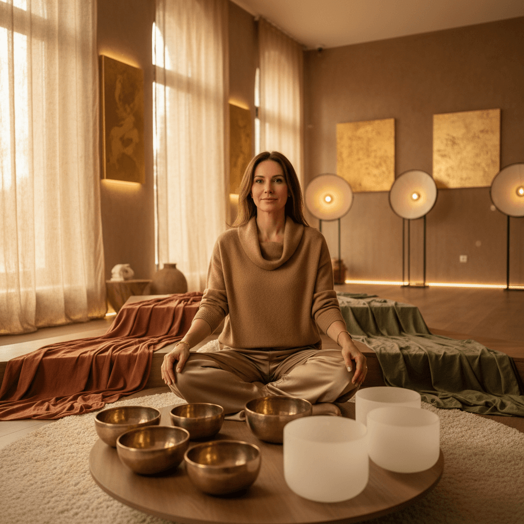 Eine Person entspannt sich bei Klang-Wellness, symbolisiert die Wirkung von Soul Art und Larissa Steinbach auf Tech-Mitarbeitende in Dubai gegen digitalen Burnout. Kristallklangschalen im Vordergrund.
