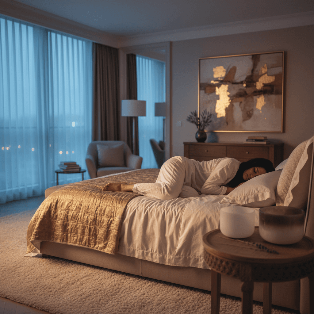 A teenager sleeping peacefully in a dimly lit, calming room, symbolizing restorative sleep and the support offered by Soul Art and Larissa Steinbach's sound wellness practices for adolescent wellbeing.