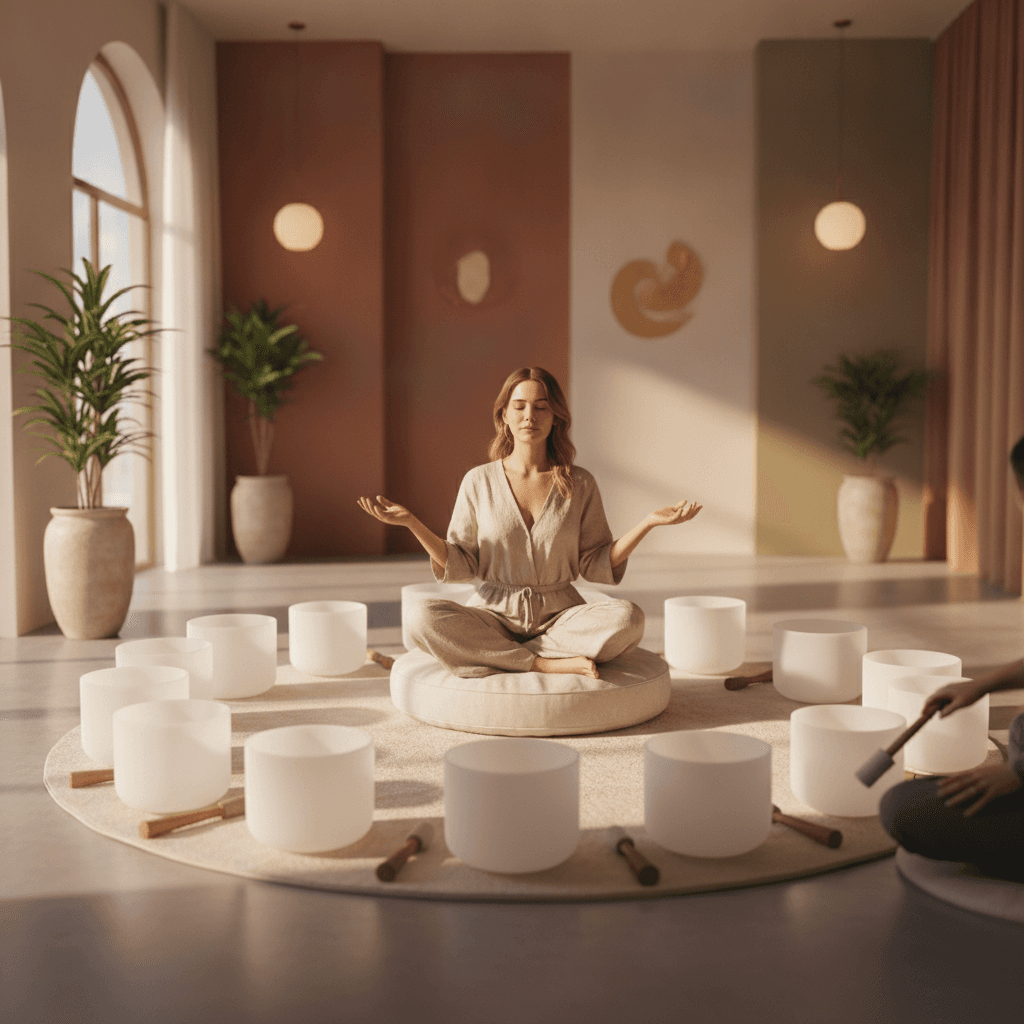 A serene studio setting at Soul Art, with crystal singing bowls glowing softly, symbolizing the transformative aftercare experience guided by Larissa Steinbach.