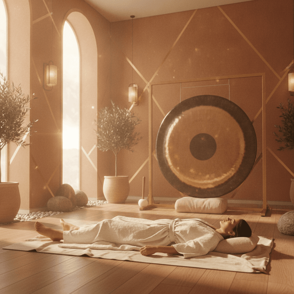 Larissa Steinbach, founder of Soul Art Dubai, preparing a private sound bath with crystal singing bowls, representing the studio's scientific approach to sound wellness and deep relaxation.
